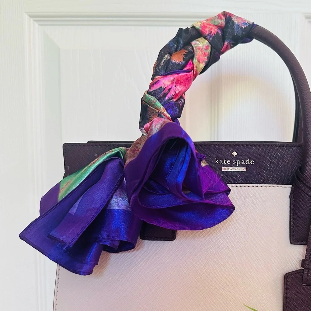 KATE SPADE ~ Two-Tone Cream, Dark Purple, and Lavender Satchel w/Colorful Scarf - Picture 11 of 14